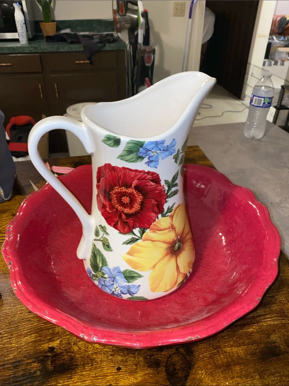 Pier 1 White Floral Ceramic Pitcher with Red and Yellow Flower Motif